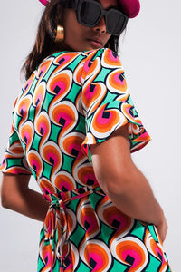 Q2 Women's Dress Wrap Ruffle Hem Mini Dress in 70s Orange Print