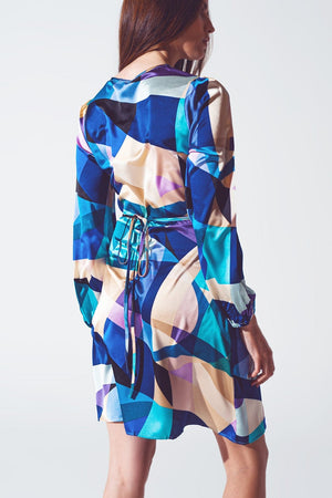 Q2 Women's Dress Wrap Short Abstract Print Dress In Blue