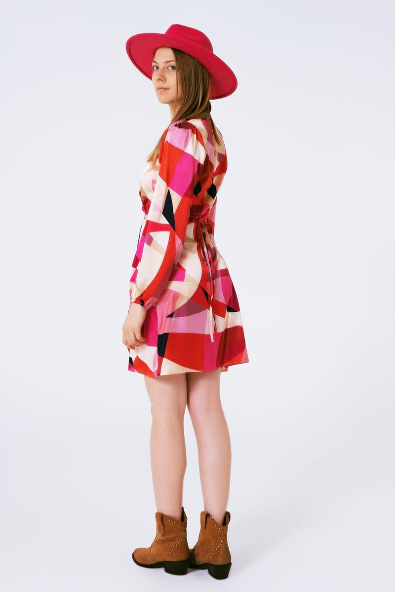 Q2 Women's Dress Wrap Short Abstract Print Dress In Fuxia
