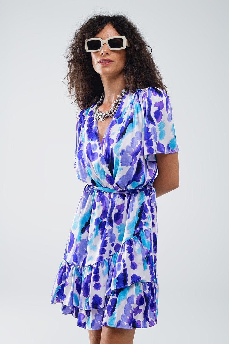 Q2 Women's Dress Wrap Short Dress In Blue And Purple Tie-Dye