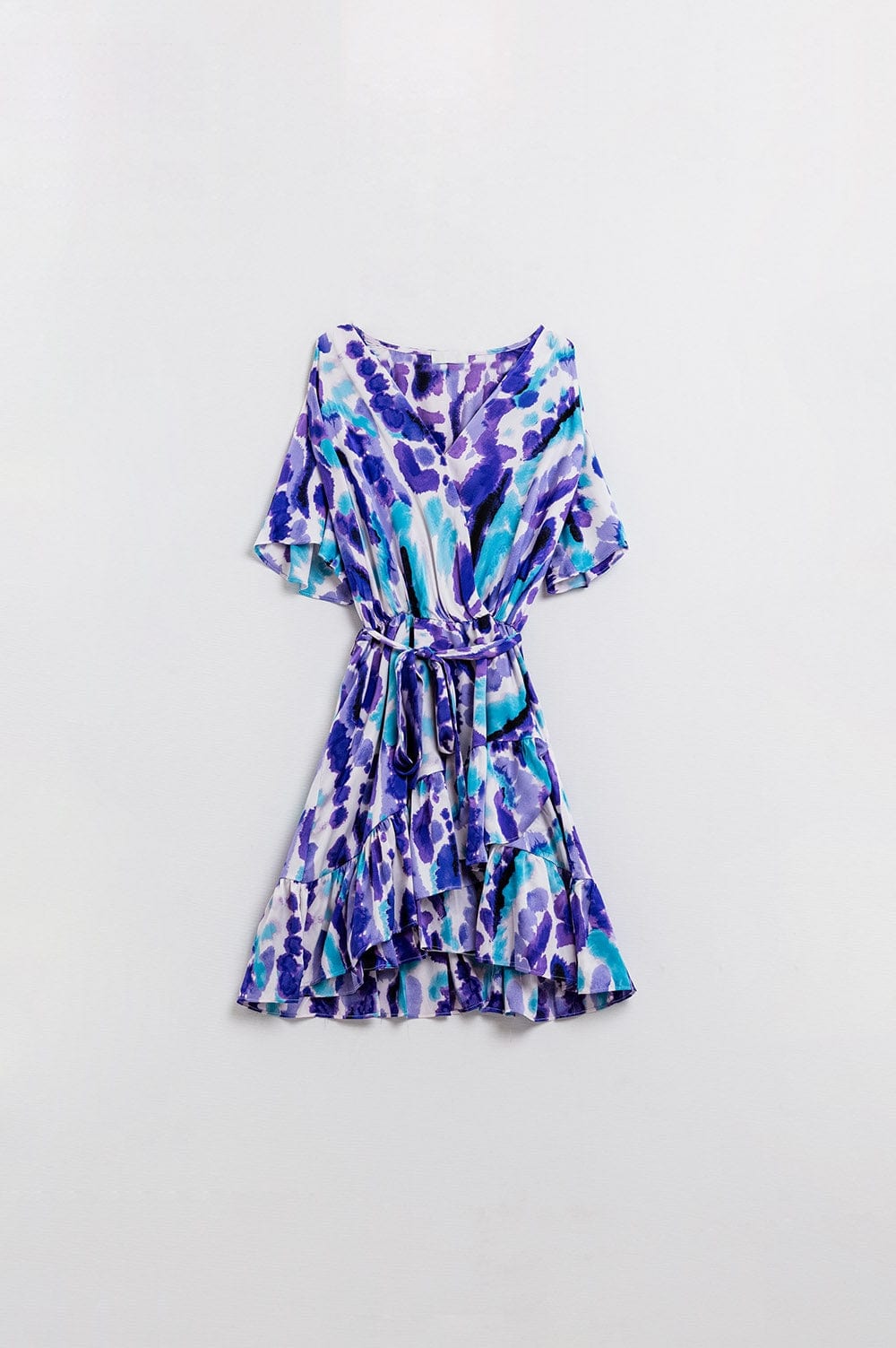 Q2 Women's Dress Wrap Short Dress In Blue And Purple Tie-Dye