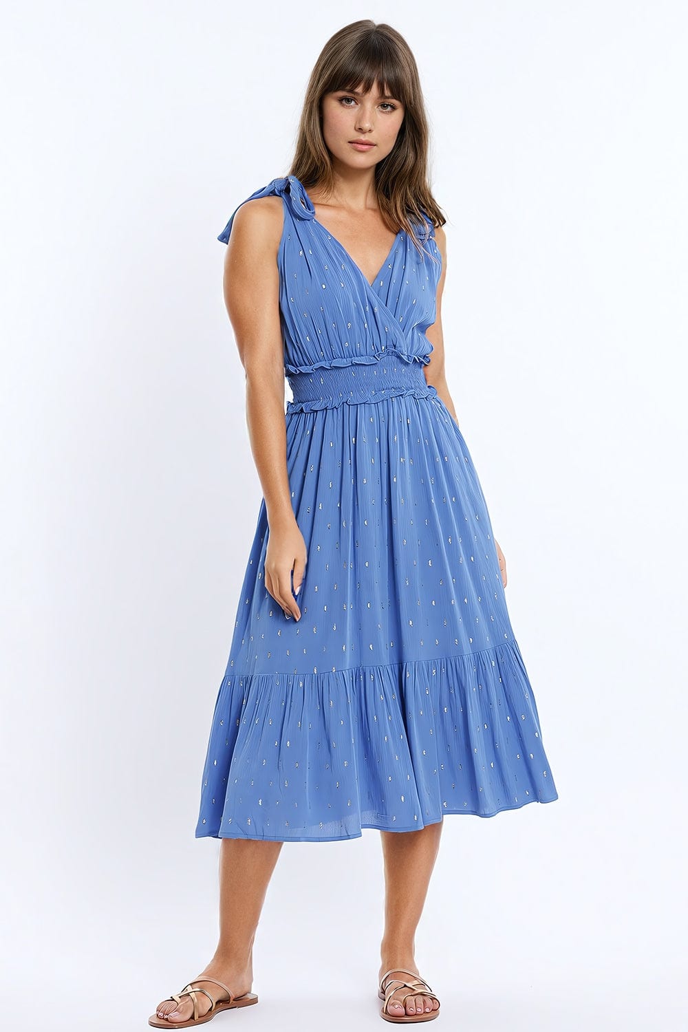 Q2 Women's Dress Wrapped Blue Midi Dress With Smock Detail At The Waist And Golden Polka Dots