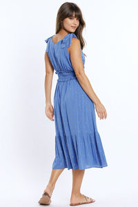 Q2 Women's Dress Wrapped Blue Midi Dress With Smock Detail At The Waist And Golden Polka Dots