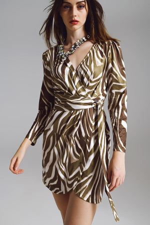 Q2 Women's Dress Wrapped Long Sleeve Dress With Belt In Cream And Olive Green Zebra Print