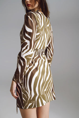 Q2 Women's Dress Wrapped Long Sleeve Dress With Belt In Cream And Olive Green Zebra Print