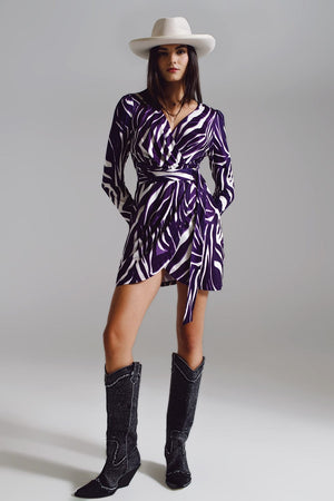 Q2 Women's Dress Wrapped Long Sleeve Dress With Belt In Cream And Purple Zebra Print