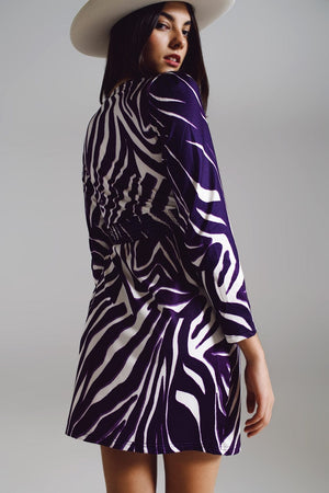 Q2 Women's Dress Wrapped Long Sleeve Dress With Belt In Cream And Purple Zebra Print