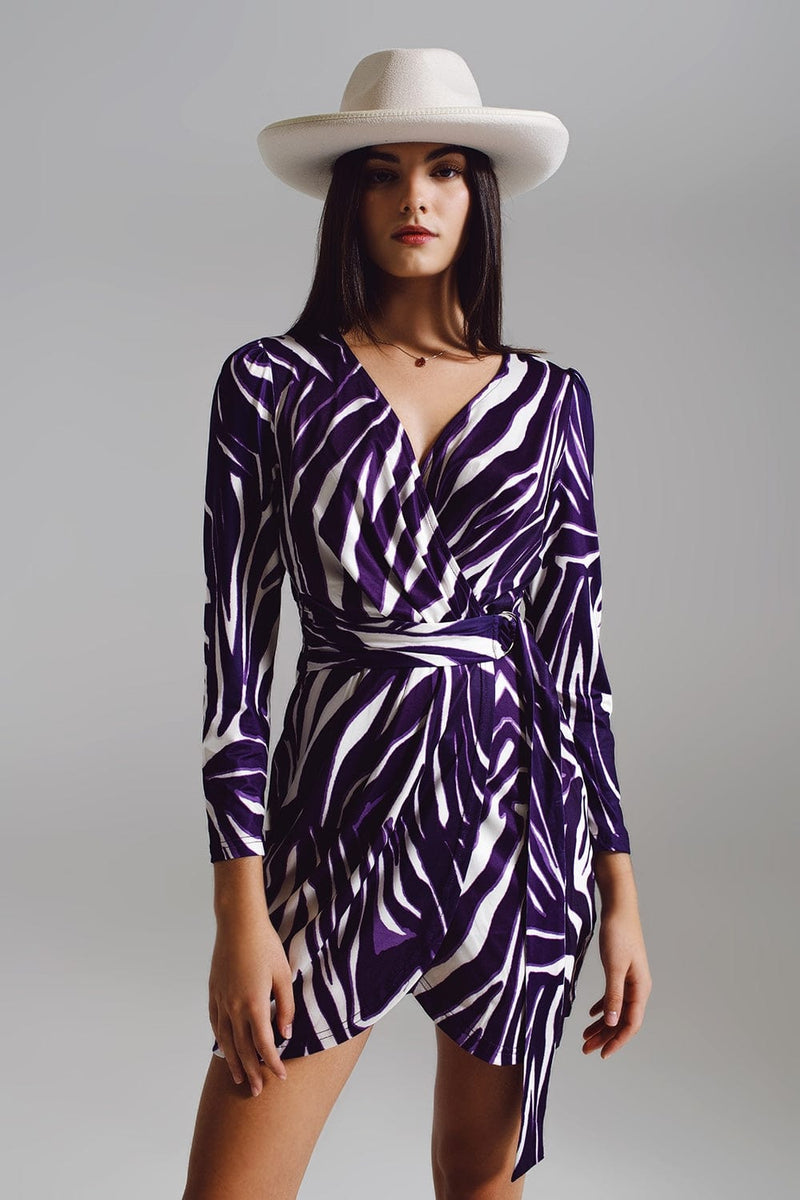 Q2 Women's Dress Wrapped Long Sleeve Dress With Belt In Cream And Purple Zebra Print