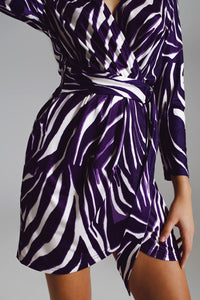 Q2 Women's Dress Wrapped Long Sleeve Dress With Belt In Cream And Purple Zebra Print