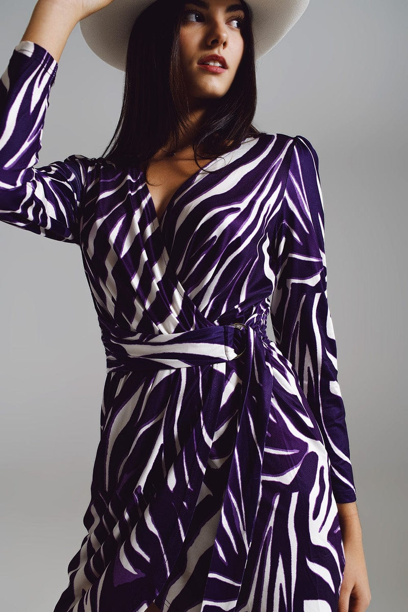 Q2 Women's Dress Wrapped Long Sleeve Dress With Belt In Cream And Purple Zebra Print