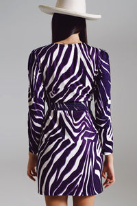 Q2 Women's Dress Wrapped Long Sleeve Dress With Belt In Cream And Purple Zebra Print