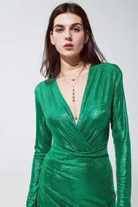 Q2 Women's Dress Wrapped Party Dress With Plunge Neckline In Metallic Green