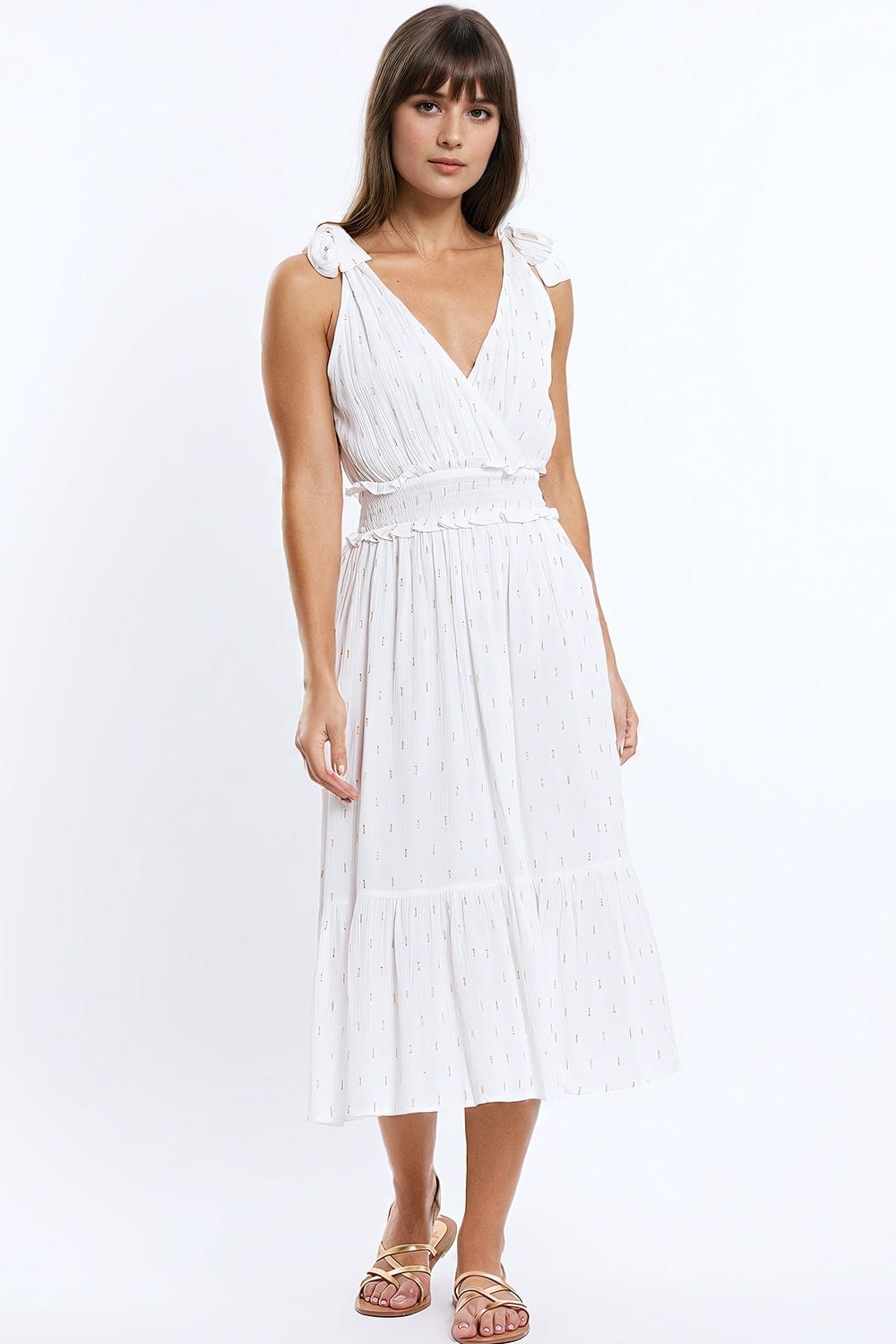 Q2 Women's Dress Wrapped White Midi Dress With Smock Detail At The Waist And Golden Polka Dots