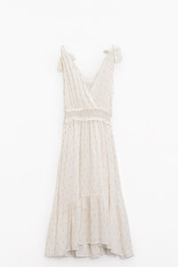 Q2 Women's Dress Wrapped White Midi Dress With Smock Detail At The Waist And Golden Polka Dots