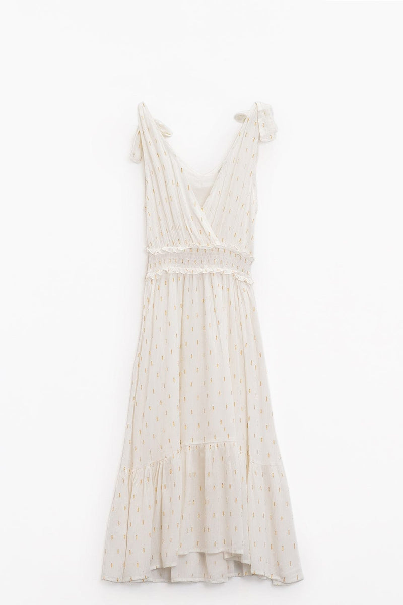 Q2 Women's Dress Wrapped White Midi Dress With Smock Detail At The Waist And Golden Polka Dots