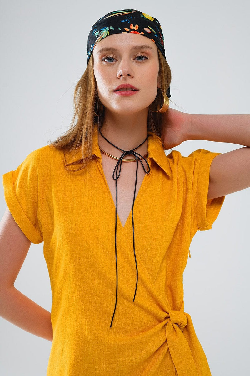 Q2 Women's Dress Yellow Playsuit With Tie Closing At The Side