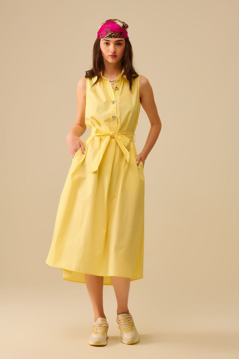 Q2 Women's Dress Yellow Poplin Midi Dress With Silver Heart-Shaped Buttons