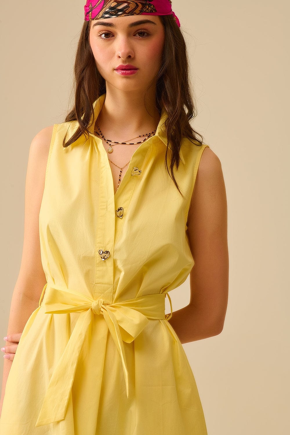 Q2 Women's Dress Yellow Poplin Midi Dress With Silver Heart-Shaped Buttons