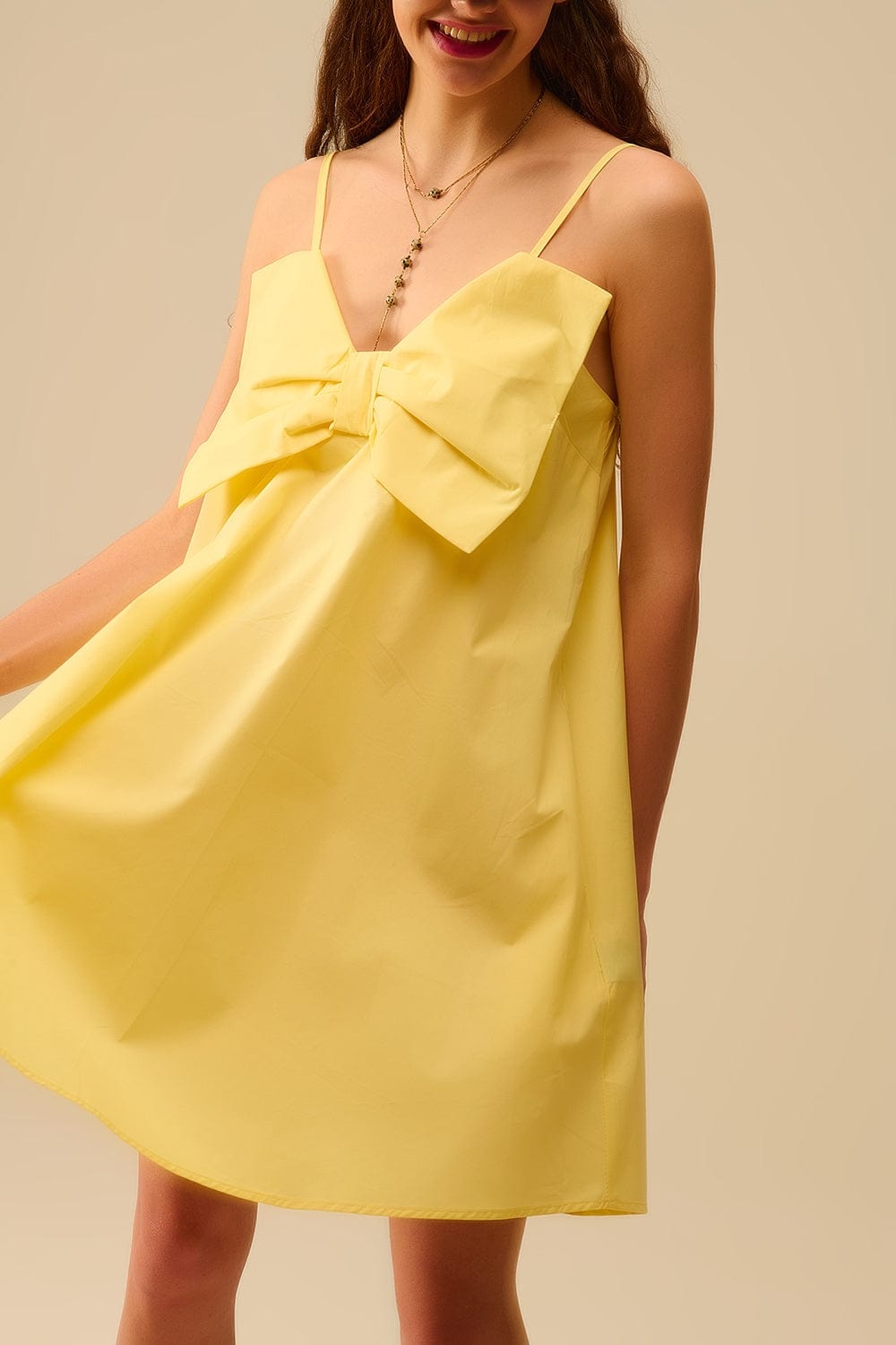 Q2 Women's Dress Yellow Poplin Mini Dress With A Big Bow Detail