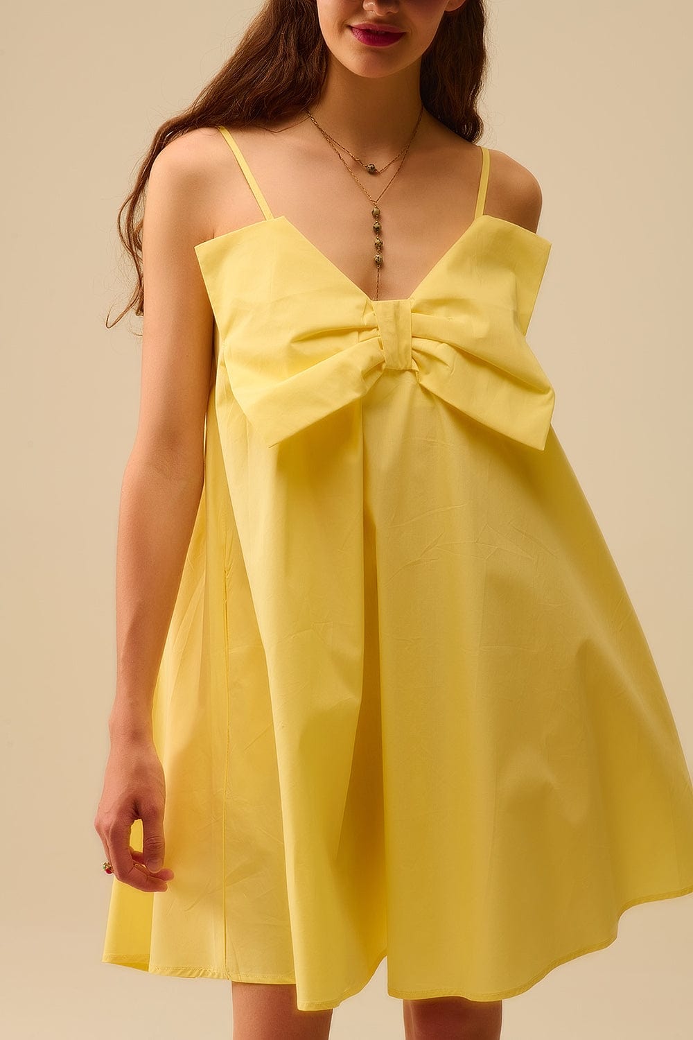 Q2 Women's Dress Yellow Poplin Mini Dress With A Big Bow Detail