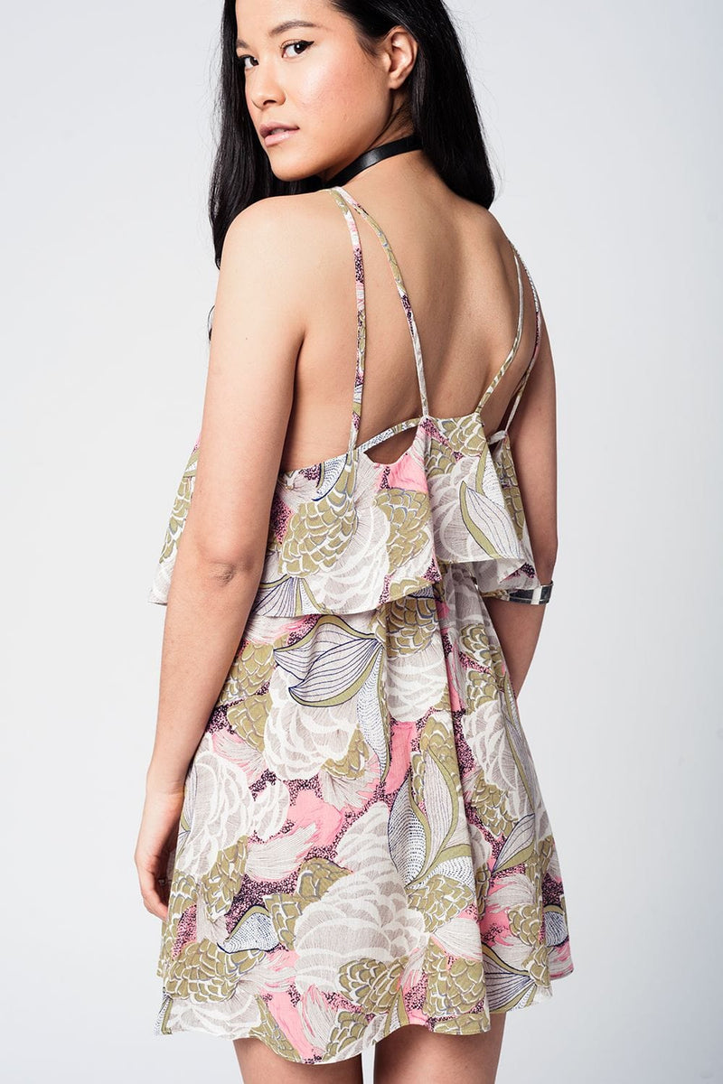Q2 Women's Dress Yellow printed mini dress with double layer and crossed straps