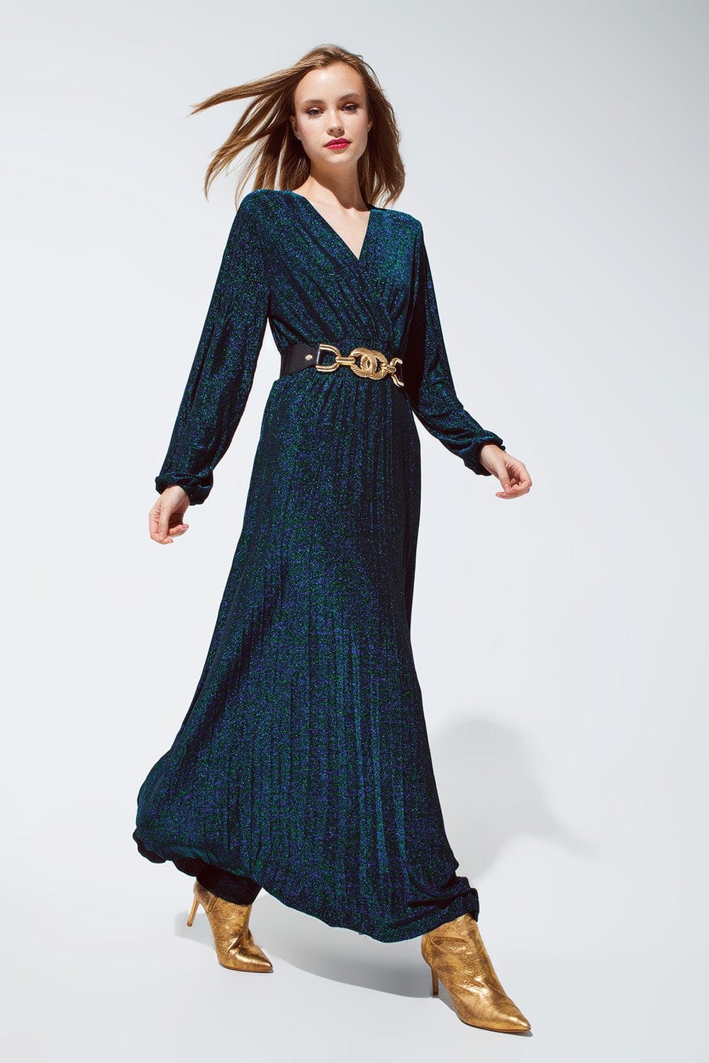 Q2 Women's Dresse Party Long Sleeve Maxi Dress With Glitter In Green