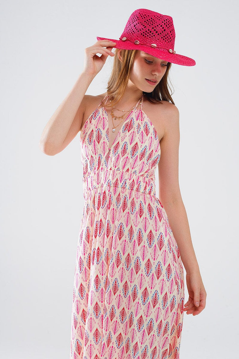 Q2 Women's Dresses Maxi Summer Dress With Feather Print And Open Back In Pink