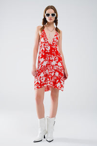 Q2 Women's Dresses Red Short Boho Flower Print Dress With Lurex Detail