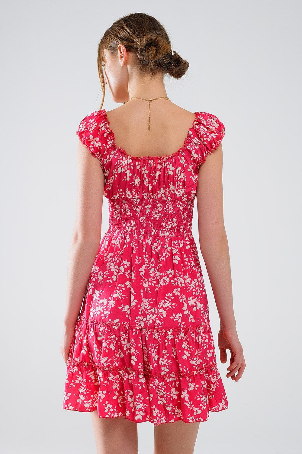 Q2 Women's Dresses Red Short Dress With White Floral Print And Elastic Waist