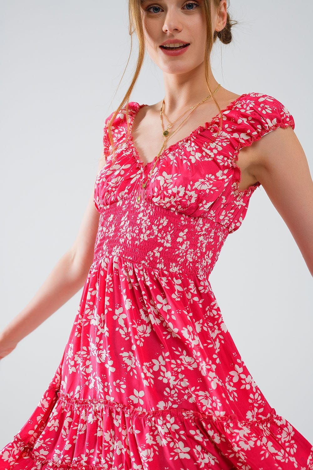 Q2 Women's Dresses Red Short Dress With White Floral Print And Elastic Waist
