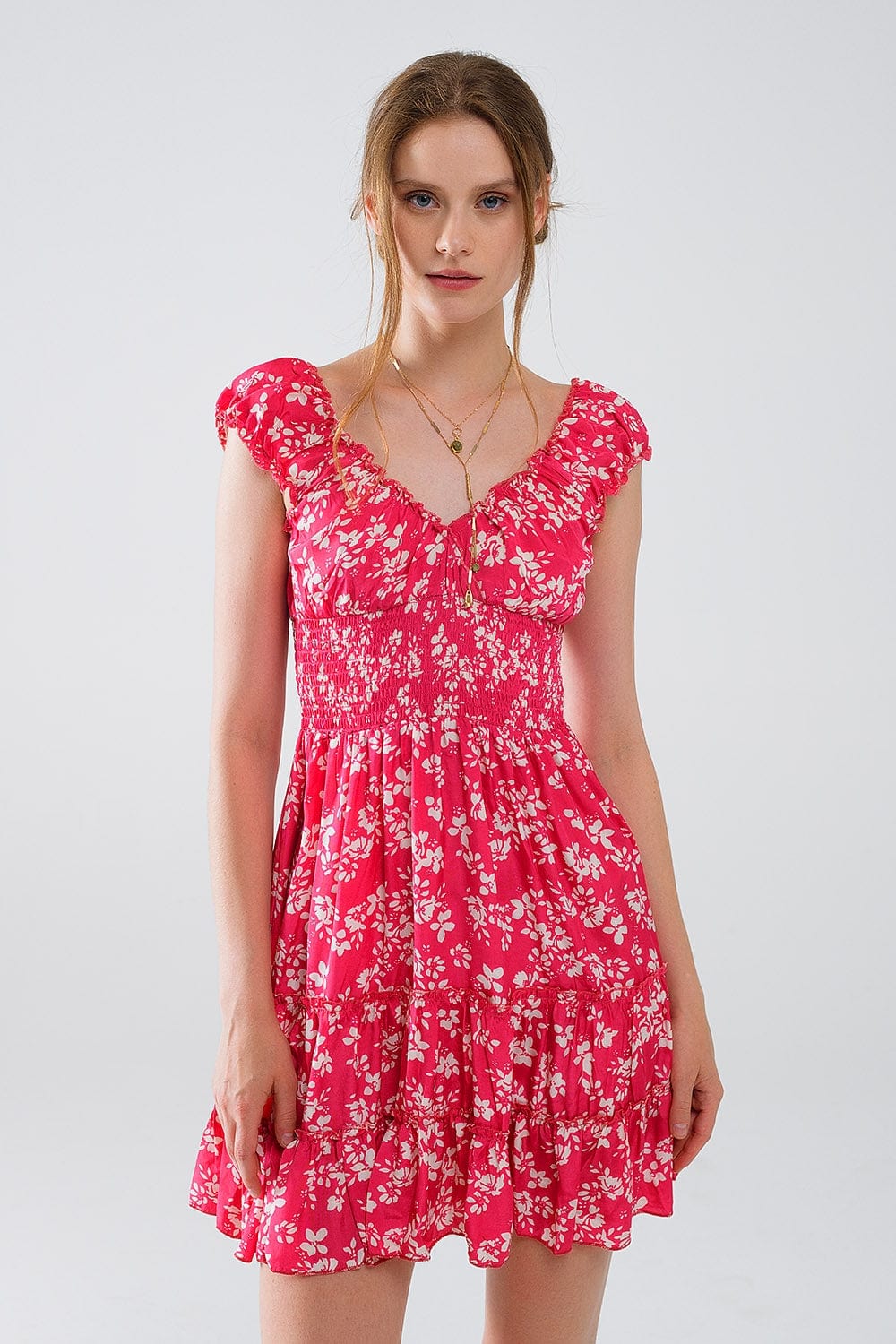 Q2 Women's Dresses Red Short Dress With White Floral Print And Elastic Waist