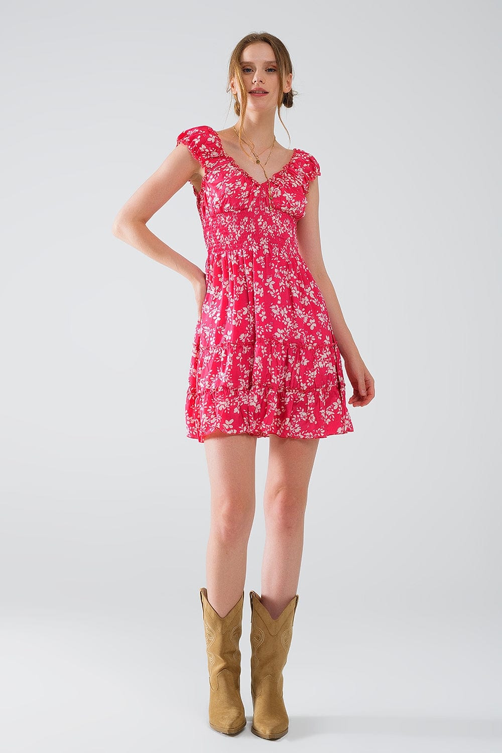 Q2 Women's Dresses Red Short Dress With White Floral Print And Elastic Waist