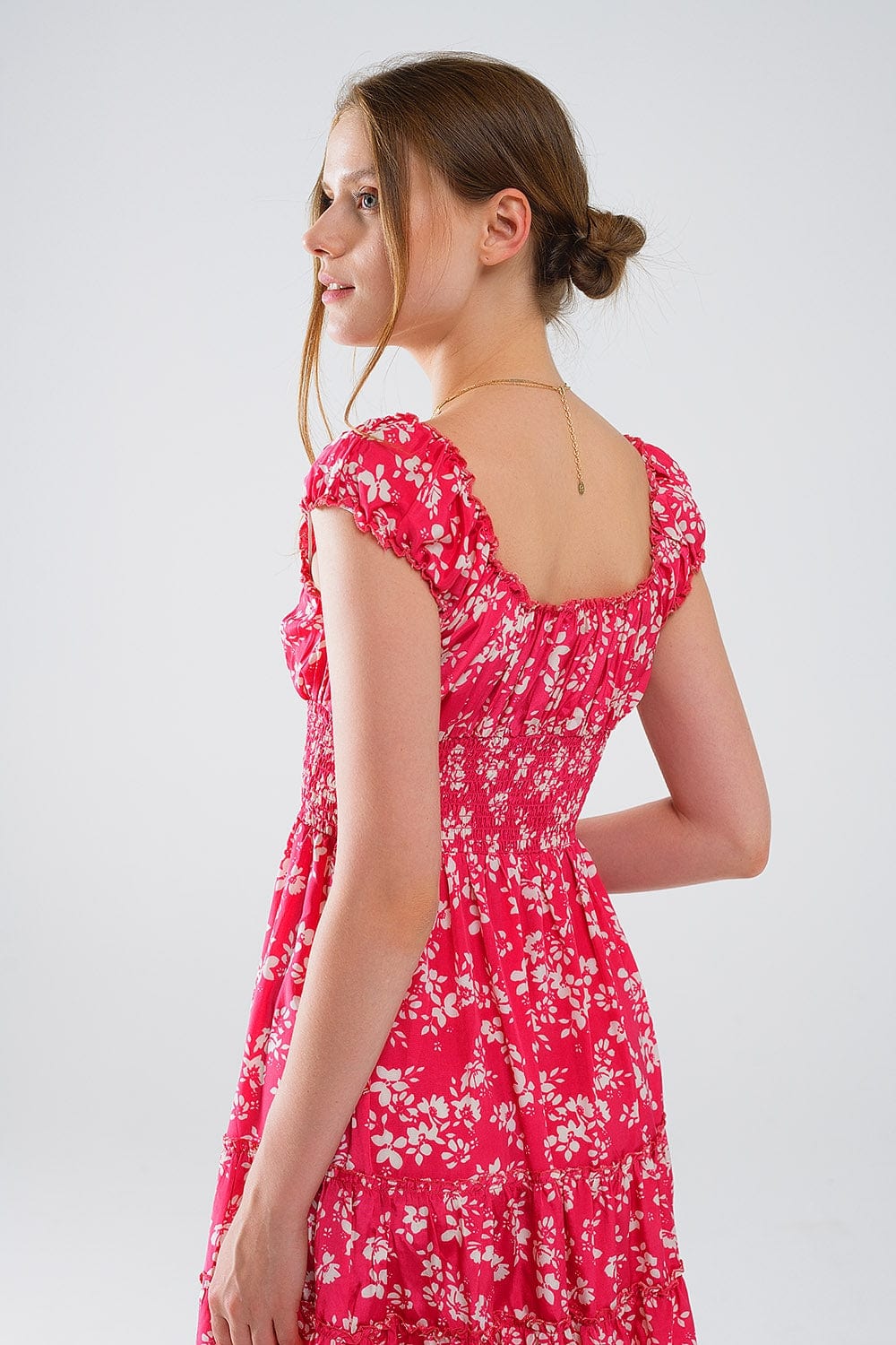 Q2 Women's Dresses Red Short Dress With White Floral Print And Elastic Waist