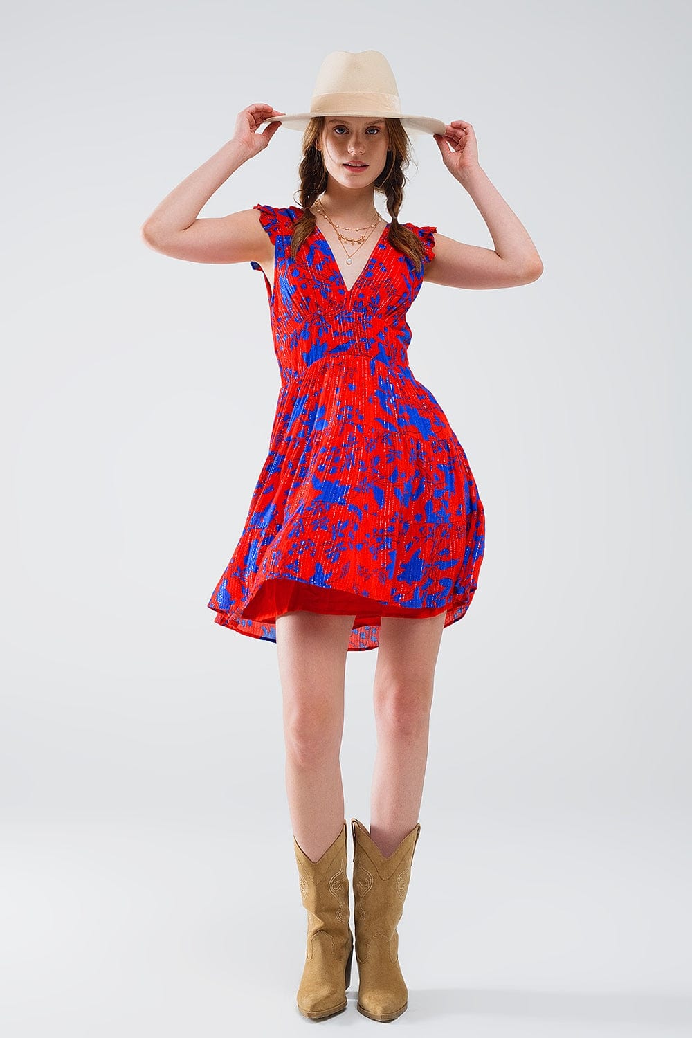 Q2 Women's Dresses Short Dress In Red With Blue Floral Print And V-Neck