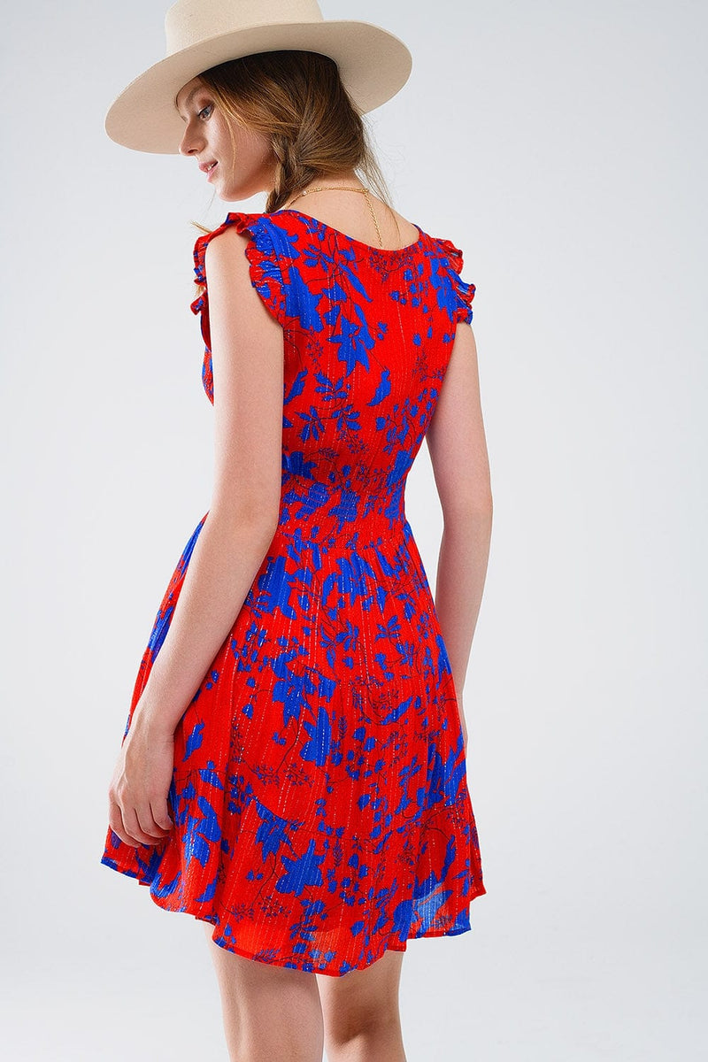 Q2 Women's Dresses Short Dress In Red With Blue Floral Print And V-Neck