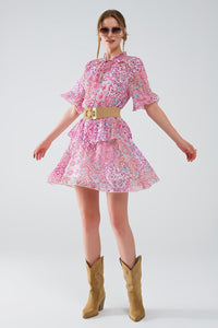 Q2 Women's Dresses Short Dress With Abstract Print And Ruffled Skirt In Shades Of Pink