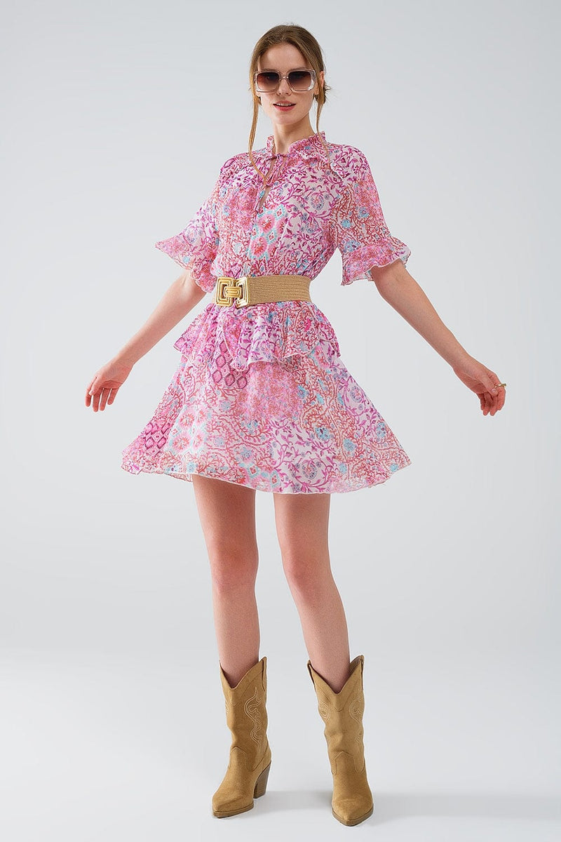 Q2 Women's Dresses Short Dress With Abstract Print And Ruffled Skirt In Shades Of Pink