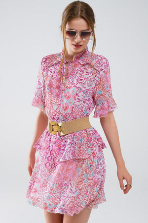 Q2 Women's Dresses Short Dress With Abstract Print And Ruffled Skirt In Shades Of Pink