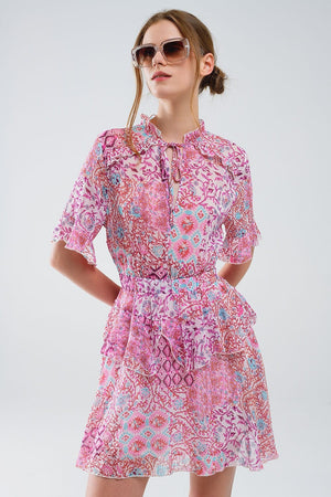 Q2 Women's Dresses Short Dress With Abstract Print And Ruffled Skirt In Shades Of Pink