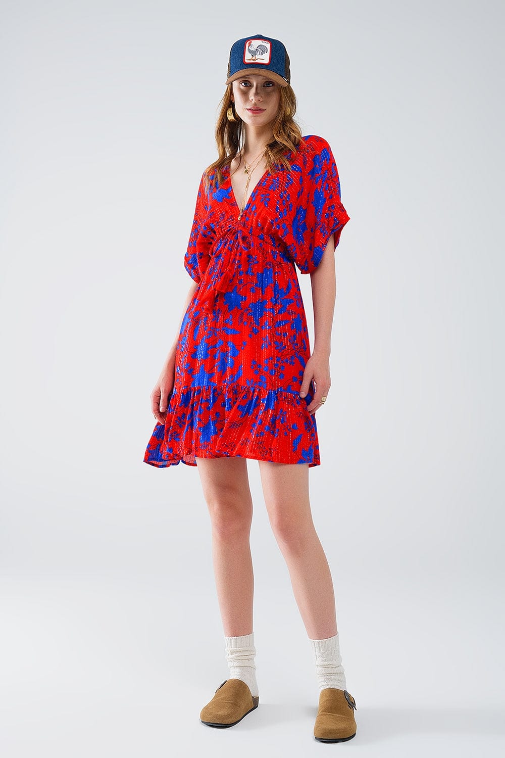 Q2 Women's Dresses Short Flowy Dress In Red With Blue Floral Print