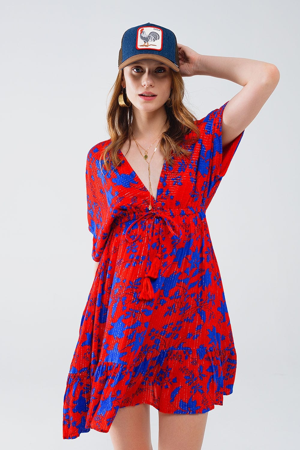 Q2 Women's Dresses Short Flowy Dress In Red With Blue Floral Print