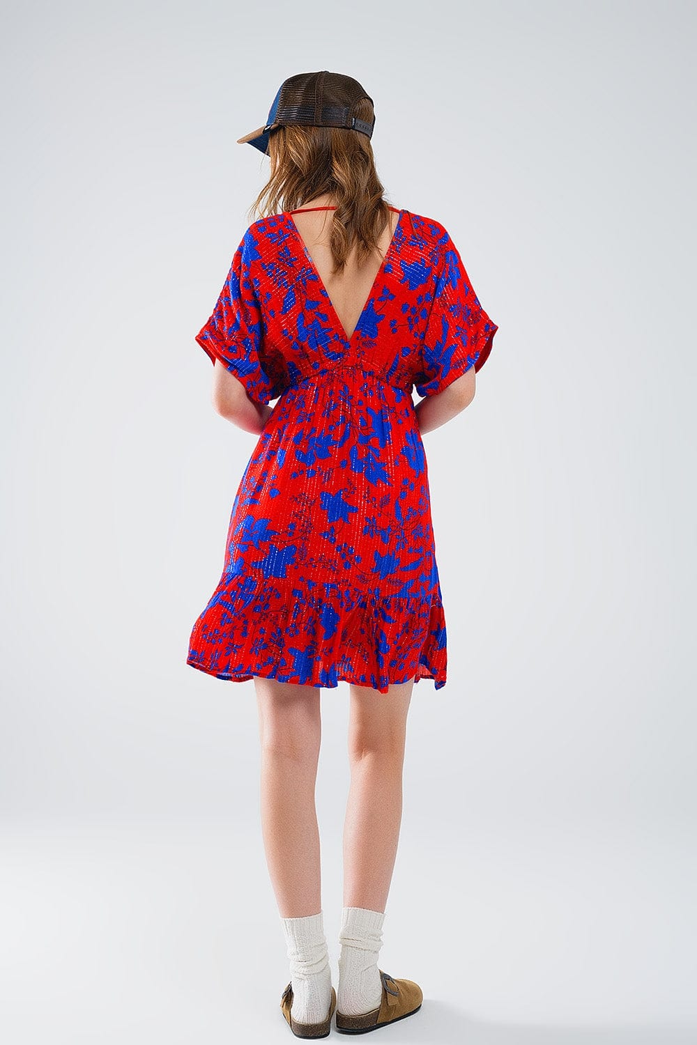 Q2 Women's Dresses Short Flowy Dress In Red With Blue Floral Print