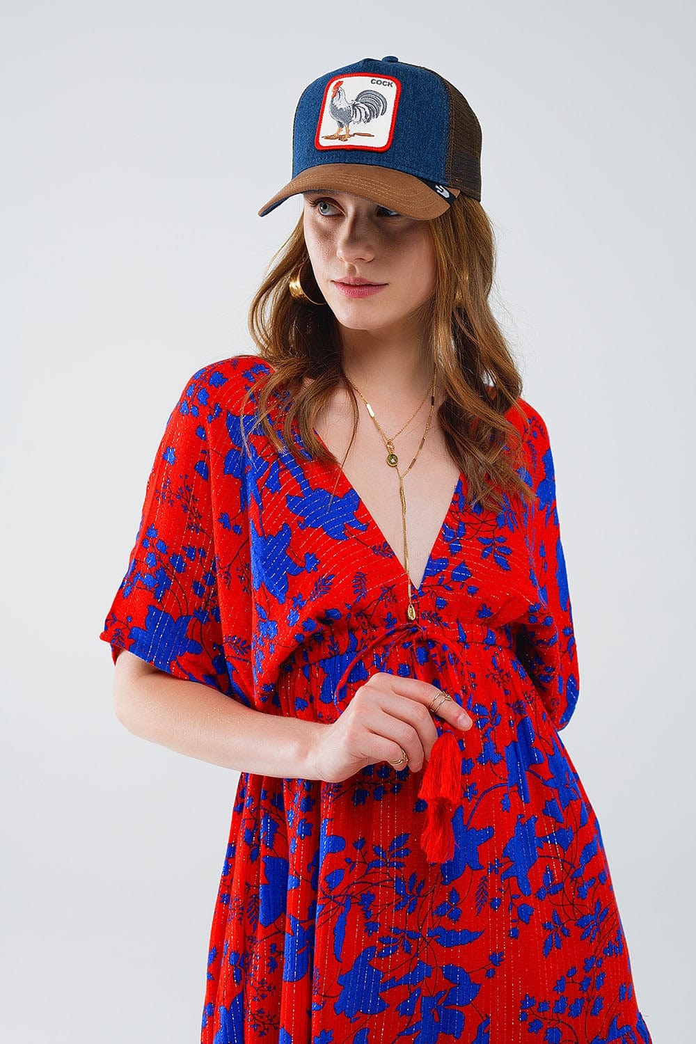 Q2 Women's Dresses Short Flowy Dress In Red With Blue Floral Print