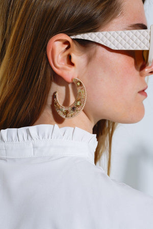 Q2 Women's Earrings One Size / Beige Beige Big Round Wocen Earrings With Gold Embellishments