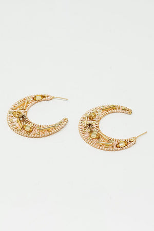 Q2 Women's Earrings One Size / Beige Beige Big Round Wocen Earrings With Gold Embellishments