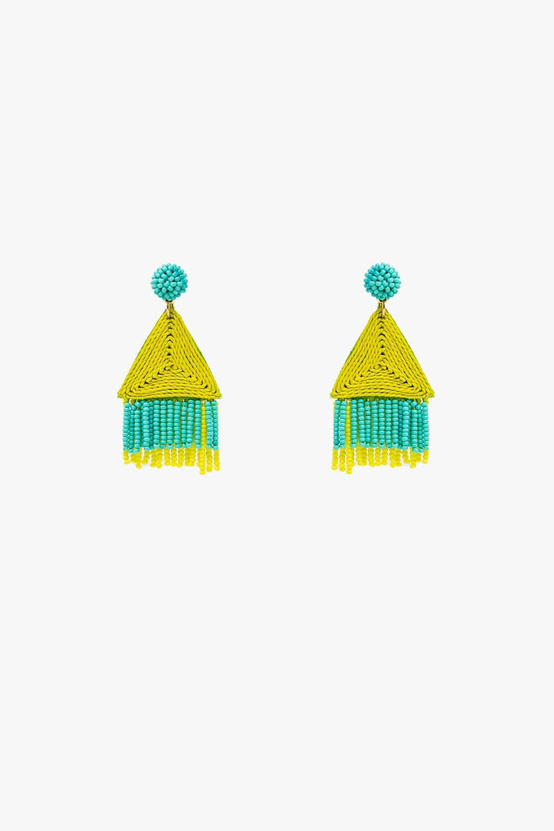 Q2 Women's Earrings One Size / Green Turquoise Drop Earings With Lime Pyramid And Fringe
