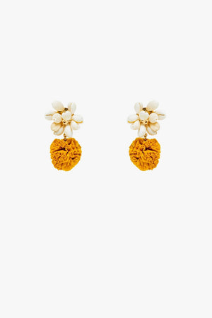 Q2 Women's Earrings One Size / Yellow Earrings With Cream Seashells And Yellow Pom Poms