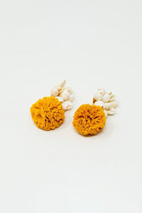 Q2 Women's Earrings One Size / Yellow Earrings With Cream Seashells And Yellow Pom Poms
