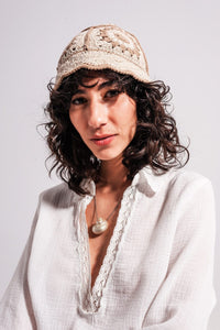 Q2 Women's Hat One Size / Beige / China Crochet Bucket Hat with Daisy Detail in Beige
