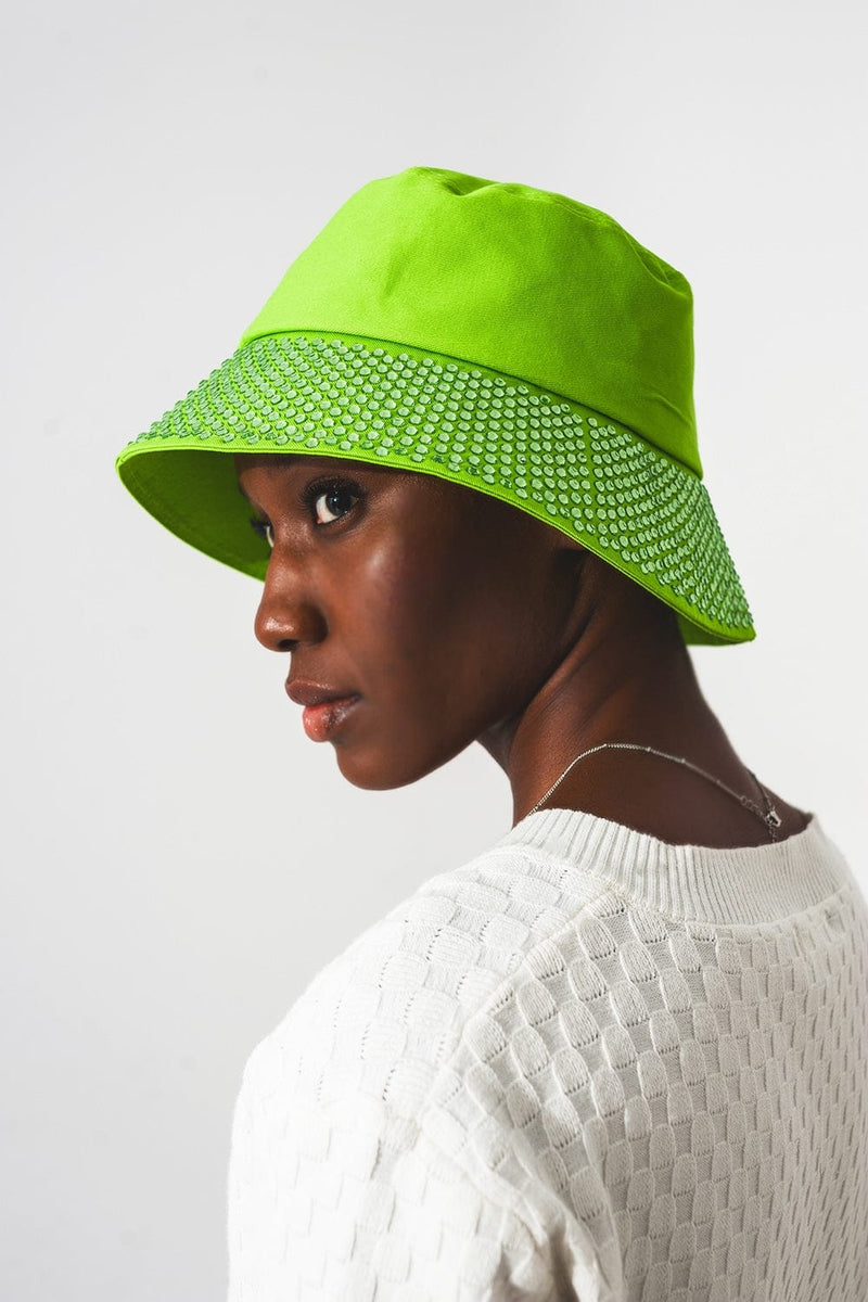 Q2 Women's Hat One Size / Green / China Strass Detail Bucket Hat in Green